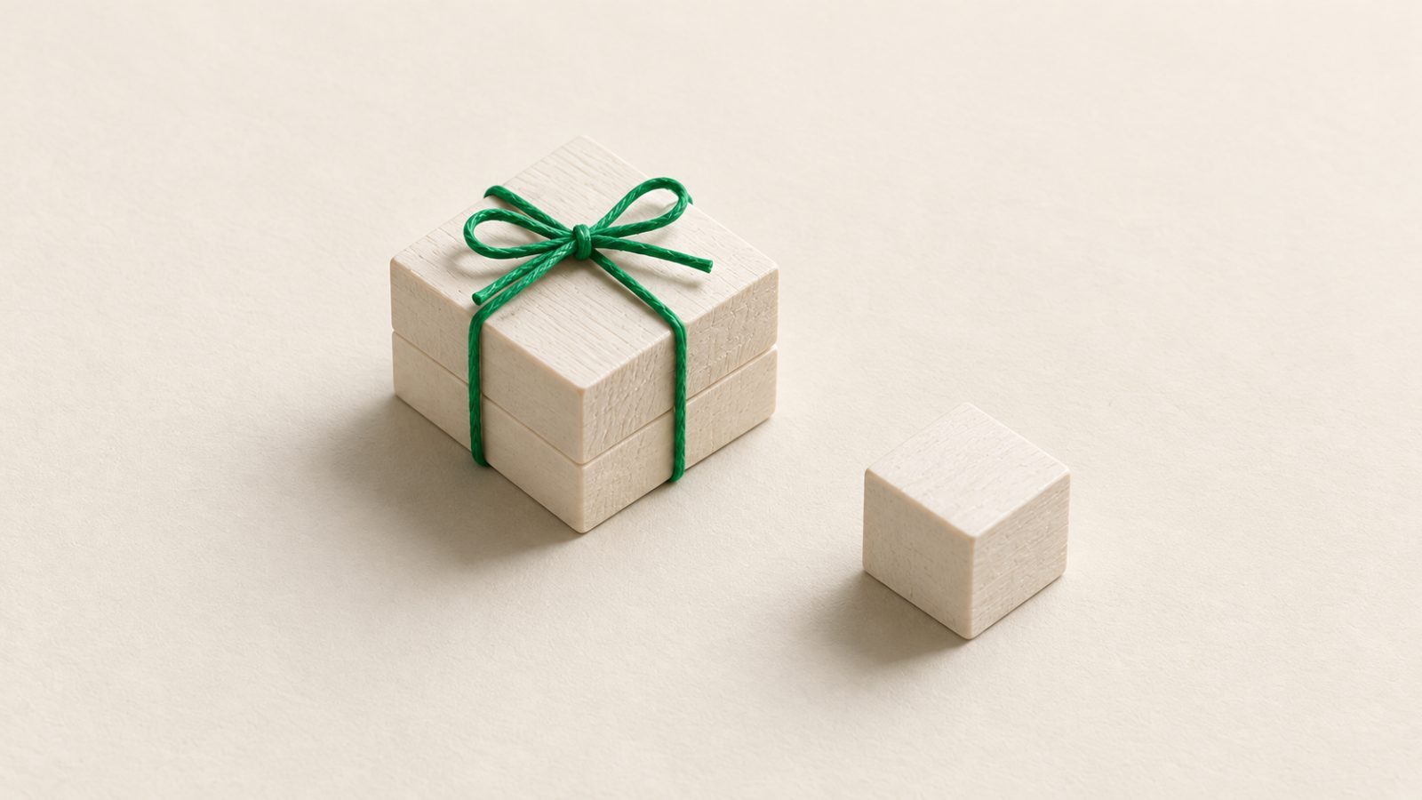 生成りの机の上に、白い木のブロックを重ねて緑の紐でちょう結びに束ねた塊が置かれ、その右前に、束ねられていない白い立方体のブロックが1つ離れて置かれている