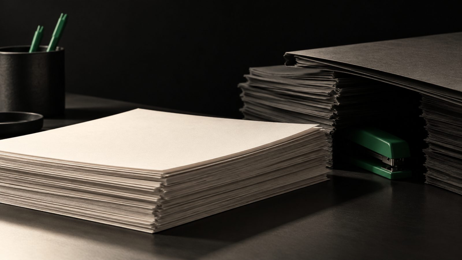 暗い机の手前に生成りの紙の束が明るく置かれ、奥の黒い書類の山のすき間に緑のホッチキスが半分隠れている静物