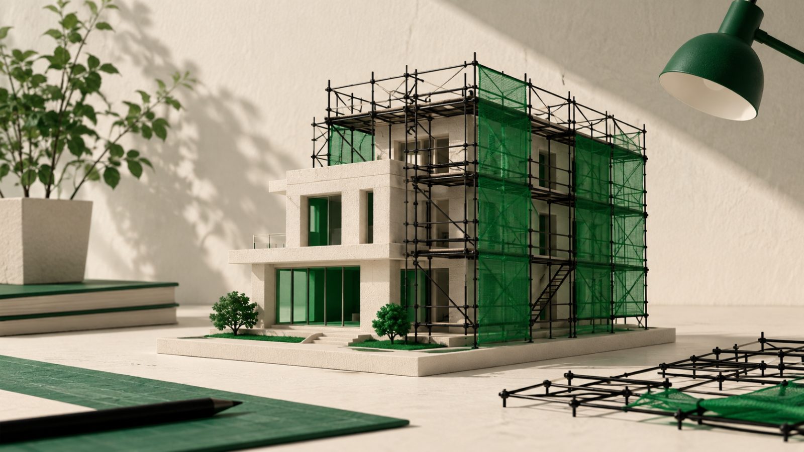 生成りの机の上で、白い建物の模型の右半分を黒い足場と緑のネットが囲み、左半分は足場が外されて完成した壁と窓が見えている静物。手前には外した足場の部品が置かれている